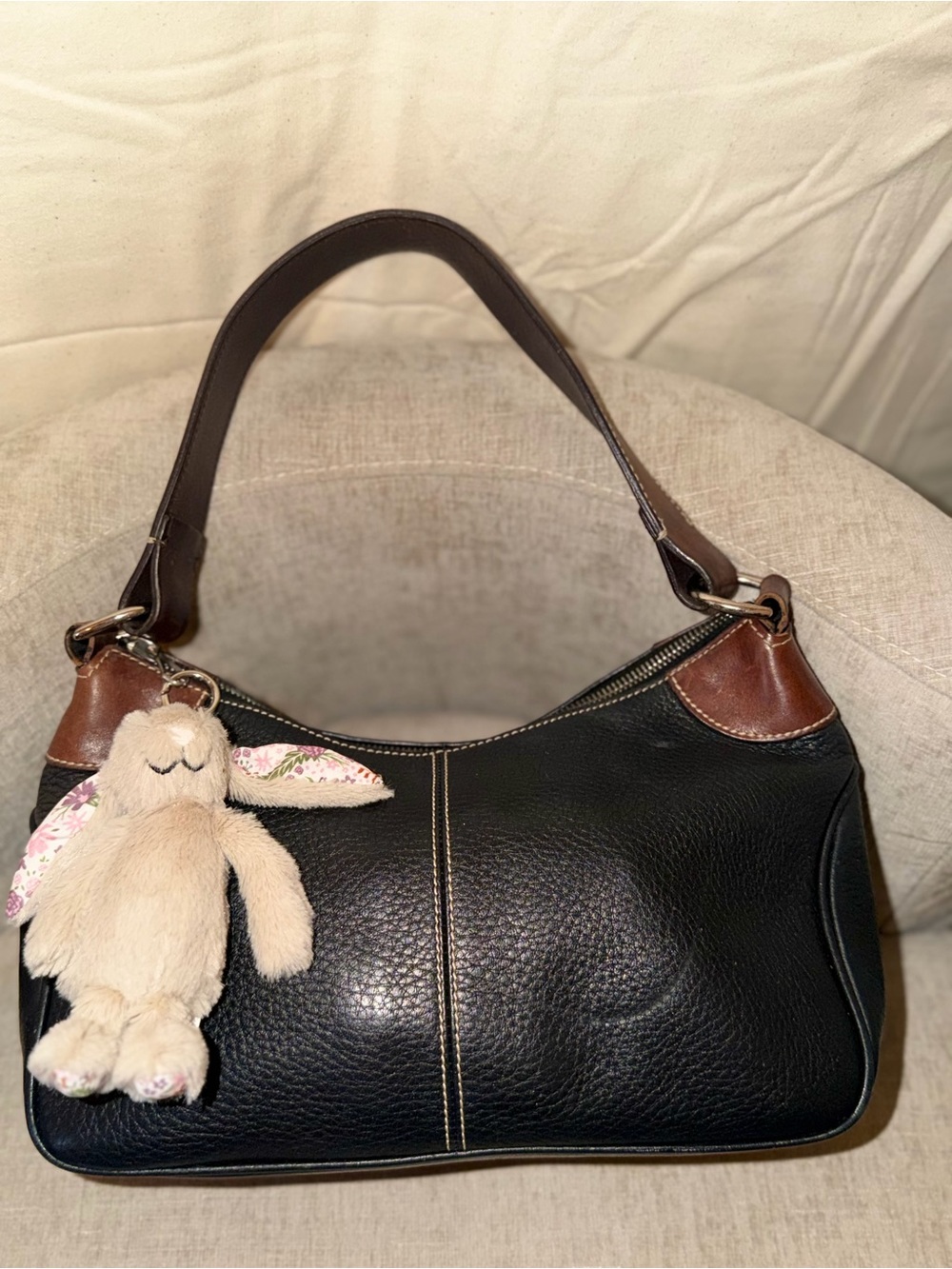 Dooney & Bourke Black Leather Shoulder Bag with Brown Trim and Bunny Keychain